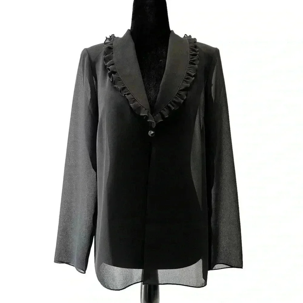 Vintage Marsellis Sheer Blouse Ruffle Collar Open Long  Sleeve Black Medium